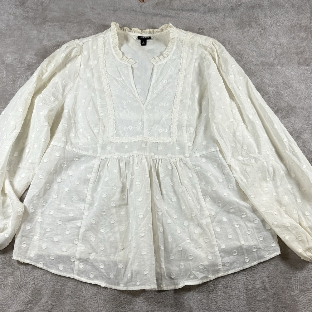 Torrid‎ Plus Size 2x Ivory Dot Embroidered Peasant Blouse Long Sleeve V Neck